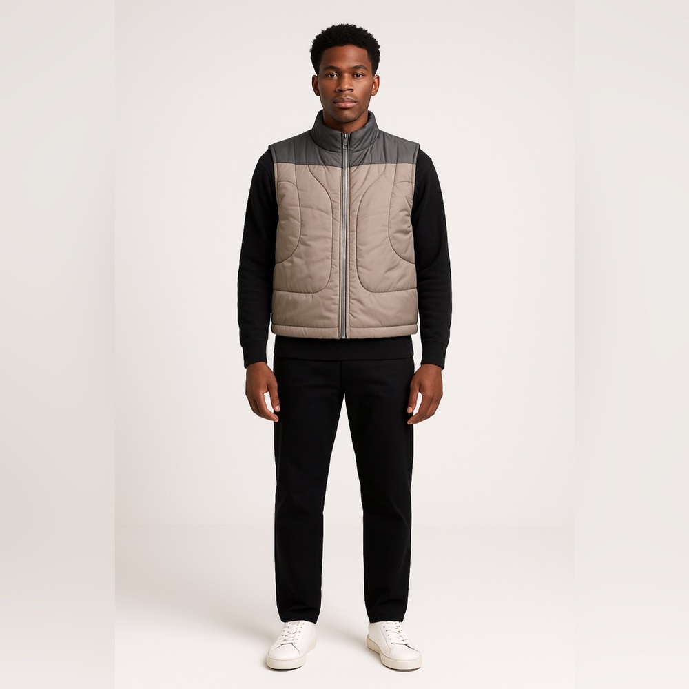 Boohoo Mens Beige and Black Quilted Vest
